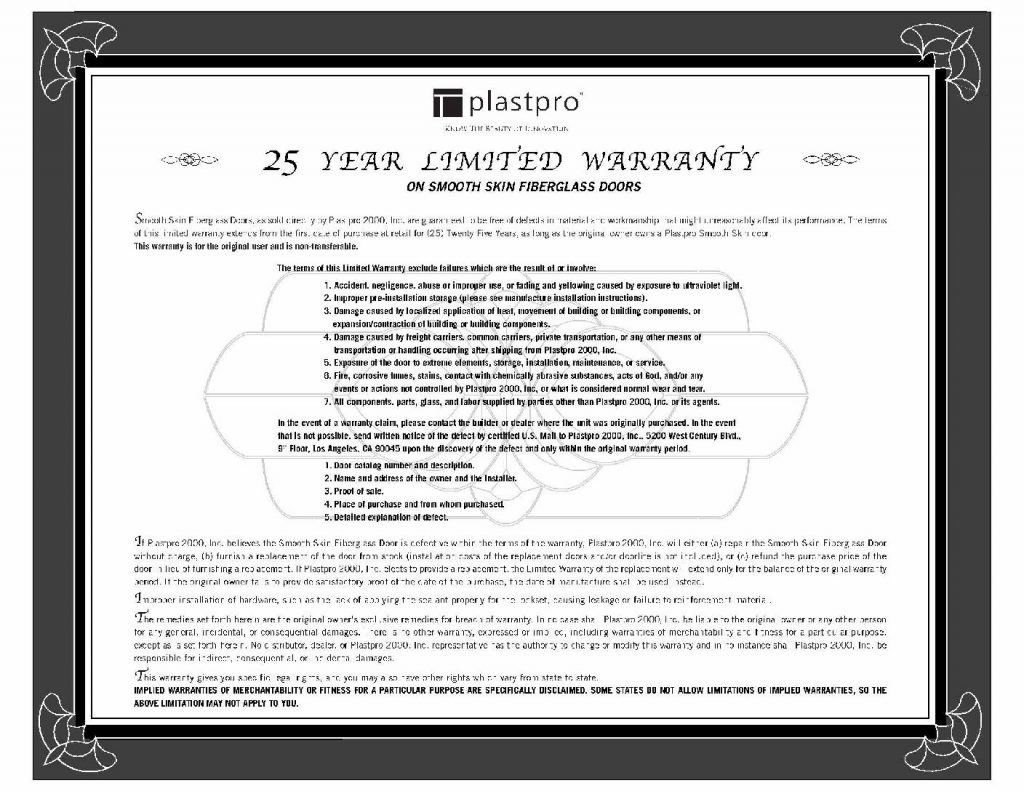 PlastPro Warranty on Smooth Skin Fiberglass Doors pdf